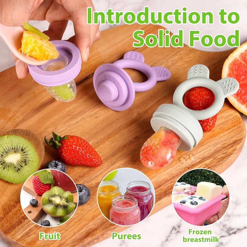 BESSENTIALS Baby Fresh Fruit Food Feeder - 2 Pack Silicone Baby Mesh Feeders for Infant Safe Self Feeding |3 Sizes Food Pouches Included| Suitable for Baby 4m+（ Purple+Misty Green） - Image 3